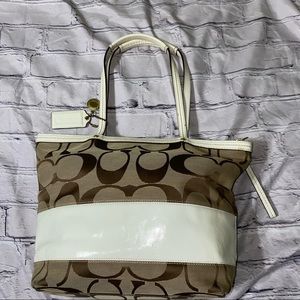 Coach Signature White Stripe Patent Leather Tote